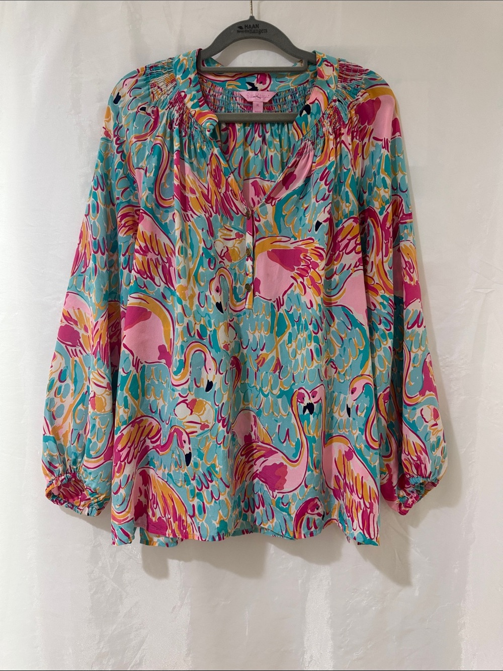 Lilly Pulitzer XL Silk Elsa Shirt Peel and Eat Flamingo